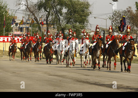 Kathmandu, Nepal. 7th Apr, 2016. Nepalese soldiers parade on horses during the Ghode Jatra celebrations in Kathmandu, Nepal, April 7, 2016. Nepal's Army usually organizes horse racing, acrobatics performance and other activities to mark the traditional Ghode Jatra, or horse racing festival. Credit:  Pratap Thapa/Xinhua/Alamy Live News Stock Photo