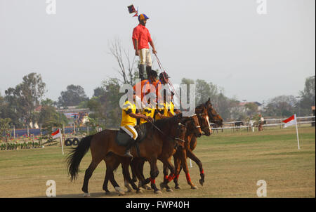 Kathmandu, Nepal. 7th Apr, 2016. Cavalry of the Nepal Army perform horse riding skills during the Ghode Jatra celebrations in Kathmandu, Nepal, April 7, 2016. Nepal's Army usually organizes horse racing, acrobatics performance and other activities to mark the traditional Ghode Jatra, or horse racing festival. Credit:  Sunil Sharma/Xinhua/Alamy Live News Stock Photo