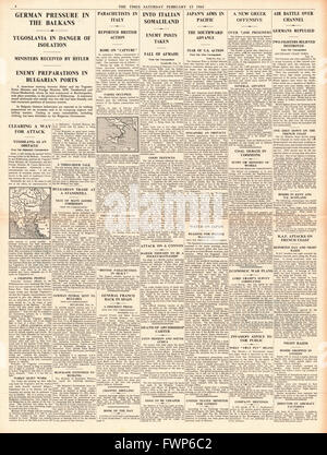 1941 page 4 The Times German pressure in the Balkans and Imperial Forces enter Italian Somaliland Stock Photo