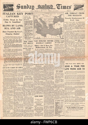 1941 front page Sunday Times British Forces capture Kismayu in Italian Somaliland Stock Photo