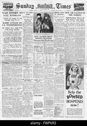 1941 front page Sunday Times Yugoslavia in diplomatic talks with Germany Stock Photo