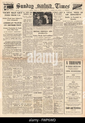 1941 front page Sunday Times Vichy France may get food form U.S. Stock Photo