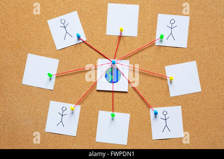 Visualization of a global network on a cork bulletin board. Stock Photo