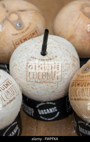 Marks and Spencers organic drinking coconuts with a straw and ring pulls Stock Photo