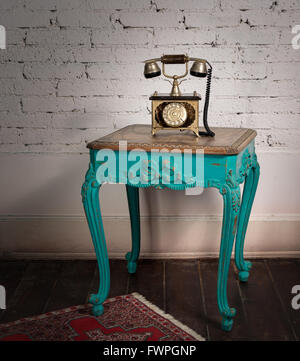 Vintage Telephone on an Old Wood Table and Stock Photo - Alamy