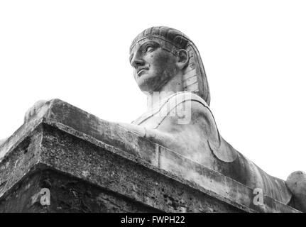 Ancient statue of Sphinx isolated on white background. Piazza del Popolo, old city center of Rome, Italy Stock Photo