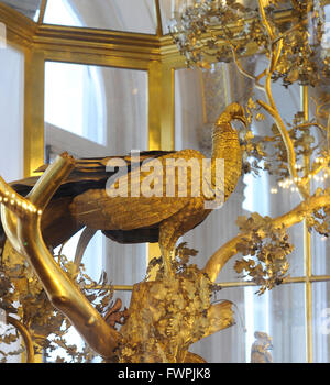 The Peacock Clock. Mechanical clock built by James Cox (c.1723-1800). 1770s. Gilded bronze. Pavilion Hall. Small Hermitage. The State Hermitage Museum. Saint Petersburg. Russia. Stock Photo