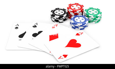 render of 4 aces and casino chips, isolated on white Stock Photo