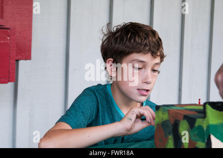 boy at camp painting a birdhouse craft project Stock Photo