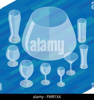 Glassware isometric flat icons set. Stock Vector