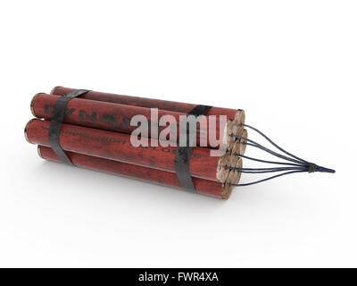 Aged dynamite sticks wrapped together with fuse isolated on white background. Stock Photo