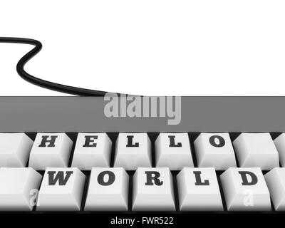 Hello World Keys on otherwise blank keyboard isolated on a white background. Stock Photo