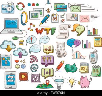 Set of Universal Doodle Icons. Bright Colors and Variety of Topics. Stock Vector