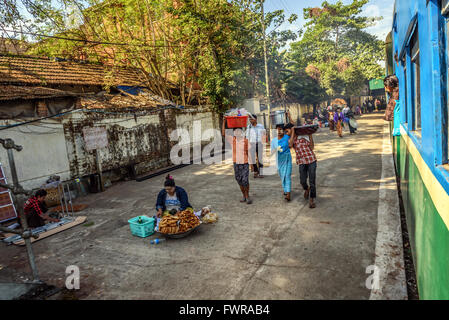 Passengers getting off  the local circle train in Yangon Stock Photo