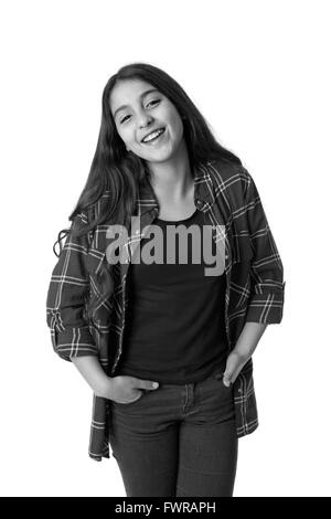Portrait of a happy young teenage girl in black and white Stock Photo