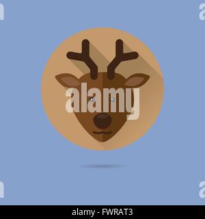 stag flat design long shadow vector icon in circle on pastel blue background Stock Vector