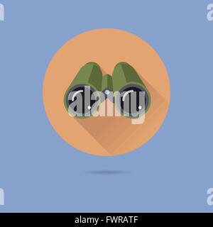 binoculars flat design long shadow vector icon in circle on pastel blue background Stock Vector
