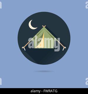 camping tent flat design long shadow vector icon in circle on pastel blue background Stock Vector