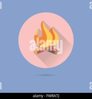 log fire flat design long shadow vector icon in circle on pastel blue background Stock Vector