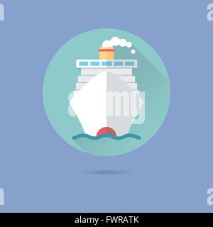 cruise ship flat design long shadow vector icon in circle on pastel blue background Stock Vector