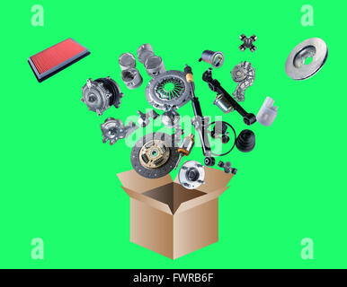 Many spare parts flying out of the box isolated on green screen Stock Photo