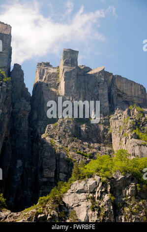 Pulpit Rock (Preikestolen), seen from below on the Lysefjord. Stock Photo