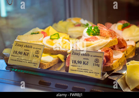 Bakery products, cakes and sandwiches on display in a pastry cafe near the Central square Old Town of Prague, Czech Republic Stock Photo