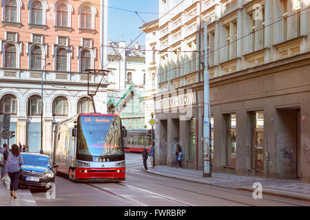 PRAGUE, CZECH REPUBLIC - AUGUST 25, 2015: High-tech trams Skoda on a wide street in the district Nove Mesto Prague's old town Stock Photo