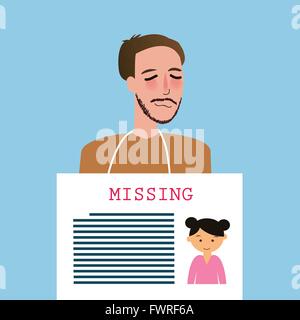 man holding sign of missing children kids announcement board Stock Vector