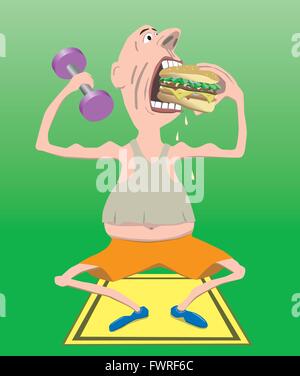 A man doing exercise and eating a hamburger Stock Vector