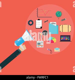 pr public relation agency hand holding speaker communication loud megaphone Stock Vector