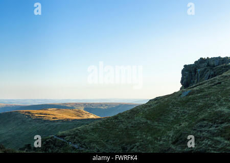 Crowden Tower and nearby moorland at dusk in Autumn on the southern edges of Kinder Scout, Derbyshire, Peak District, England, UK Stock Photo