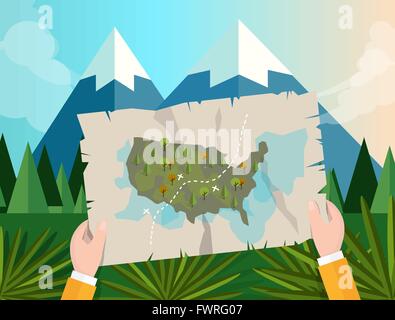 hand holding map america tracking hunting in forest mountain tree vector graphic illustration cartoon jungle sunset Stock Vector