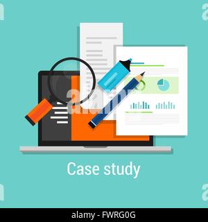 case study studies icon flat laptop magnifier Stock Vector