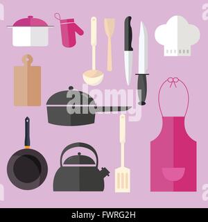 cooking icon set object in pink kitchen chef hat apron pan knife pot fork Stock Vector