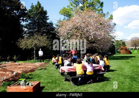 U.S First Lady Michelle Obama introduces Agriculture Secretary Tom Vilsack to Bancroft Elementary students prior to the first White House Kitchen Garden planting April 9, 2009 in Washington, D.C. Stock Photo