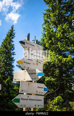 Direction sign on mountain trail, High Tatras, Poland Stock Photo