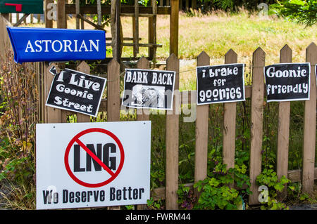 Signs near the Goonies House in Astoria, Oregon.  Parking and crowds have become a problem during the 30th anniversary of the movie. Stock Photo