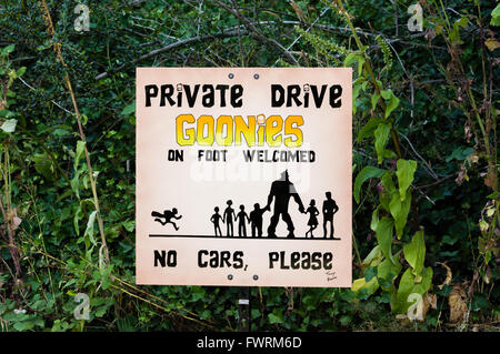 Signs near the Goonies House in Astoria, Oregon.  Parking and crowds have become a problem during the 30th anniversary of the movie. Stock Photo