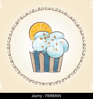 Vector watercolor cupcake look like cloud with orange slice sun. Ideal for menu for cafe and restaurants. Vector illustration Stock Vector
