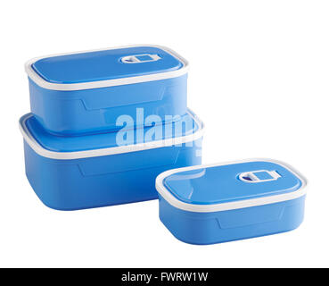 blue plastic food boxes isolated on white background Stock Photo