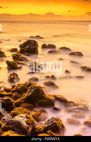 view of sunset over Lanai seen from Kahana area of Maui Stock Photo