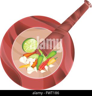 Cuisine and Food, Chili, Garlic and Lime in Wooden Stone Mortar Isolated on White Background. Stock Vector