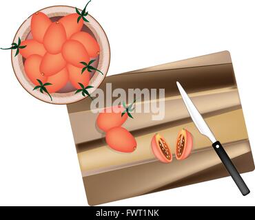 Vegetable, Illustration of Delicious Juicy Red Ripe Grape Tomatoes on Wooden Cutting Board with Knife. Stock Vector