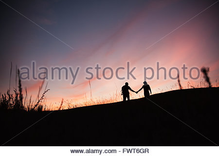 Silhouette of couple holding hands outdoors.