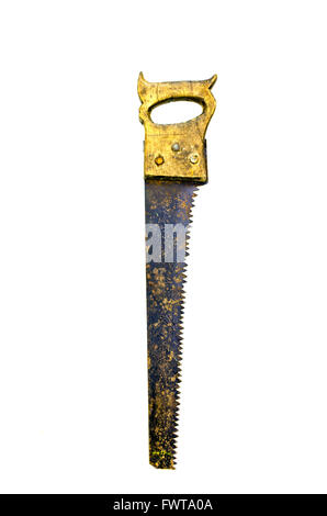 old handsaw with wood handle isolated on white background Stock Photo