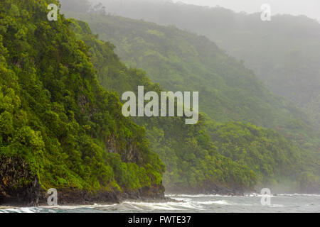 Honolulu Nui Bay; Maui rainforest covered cliffs Stock Photo