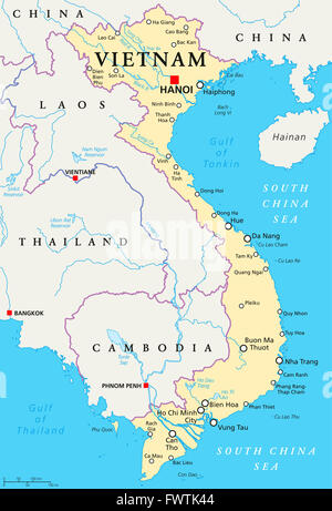 Vietnam political map with capital Hanoi, national borders, important cities, rivers and lakes. English labeling and scaling. Stock Photo
