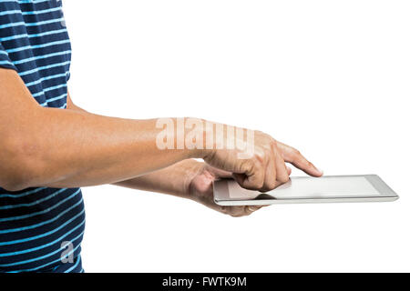 man Hand touching on Tablet computer Stock Photo