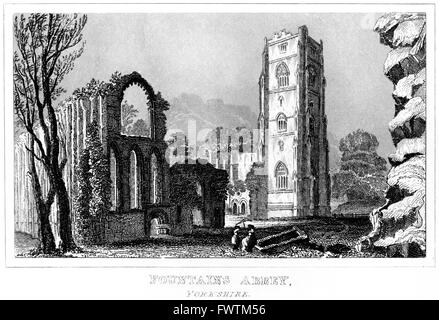 An engraving of Fountains Abbey, Yorkshire scanned at high resolution from a book printed around 1845. Believed copyright free. Stock Photo